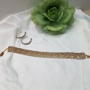 Rhinestone choker & Hoop earrings